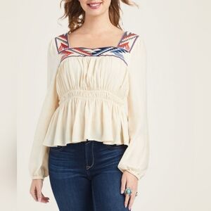 Ariat Jacquard Chimayo Cream Peasant Peplum Top